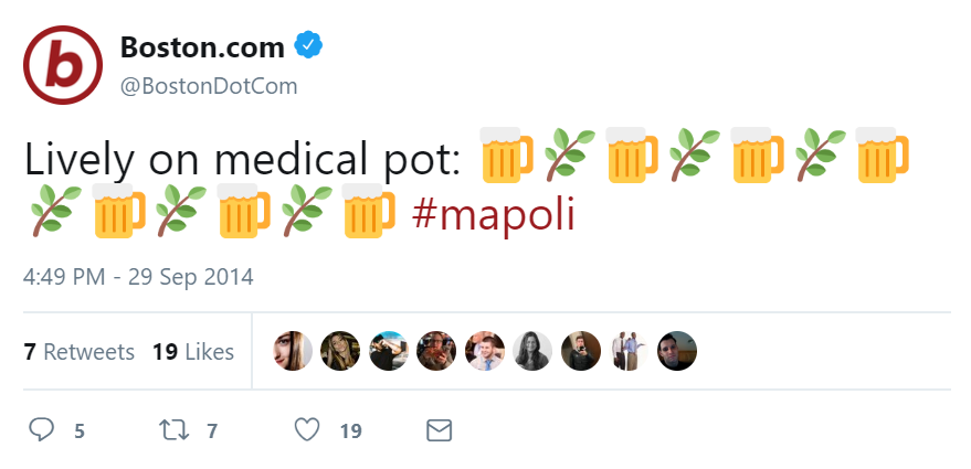 screenshot of a tweet by Boston.com that says "Lively on medical pot" then repeated emoji of beer mugs and green plants