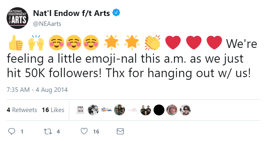 screenshot of a tweet by the National Endowment for the Arts that has a series of emoji and then says "We're just feeling a little emoji-nal this a.m. as we just hit 50K followers! Thx for hanging out w/ us