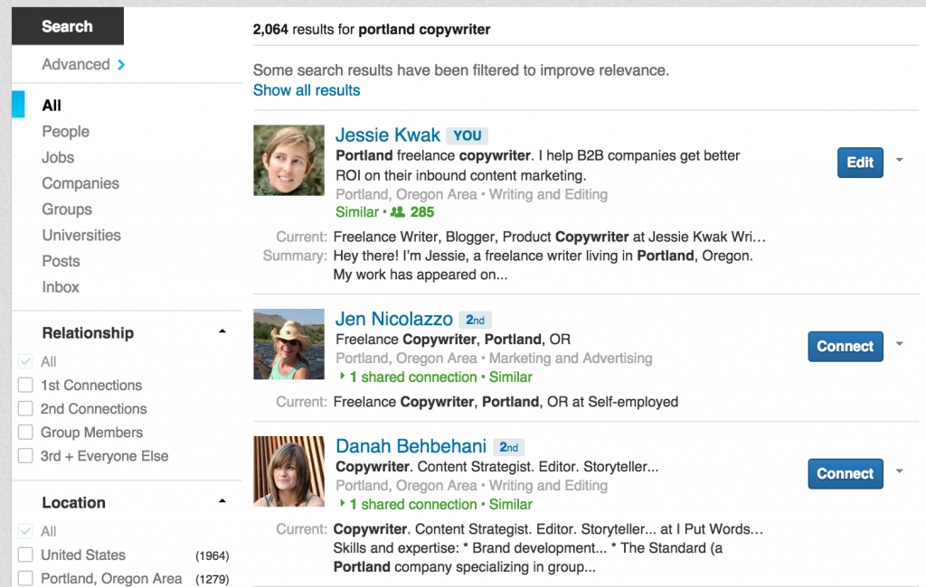 A search for "portland freelance writer" in LinkedIn