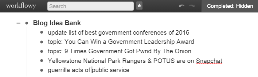 Screenshot of a simple example of an idea bank in WorkFlowy.