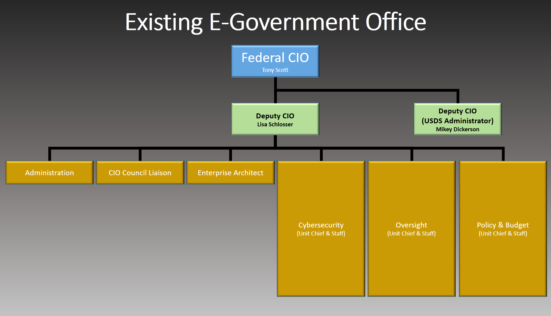 Organizational chart of the existing Office of Management and Budget Office of E-Government & Information Technology.