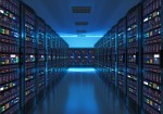 Modern web network and internet telecommunication technology, big data storage and cloud computing computer service business concept: server room interior in datacenter in blue light