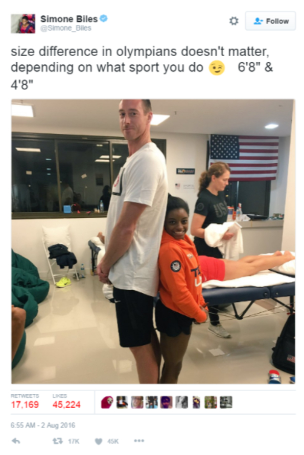 screenshot of Tweet by Simone Biles about how she's 4 feet 8 inches tall