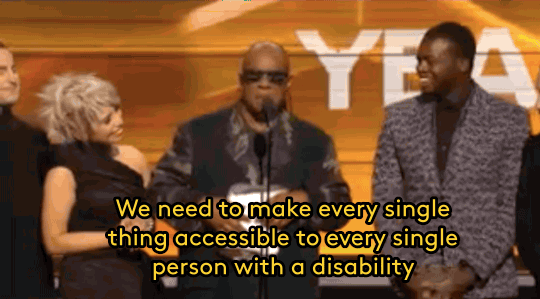 Stevie Wonder saying "We need to make every single thing accessible to every single person with a disability"