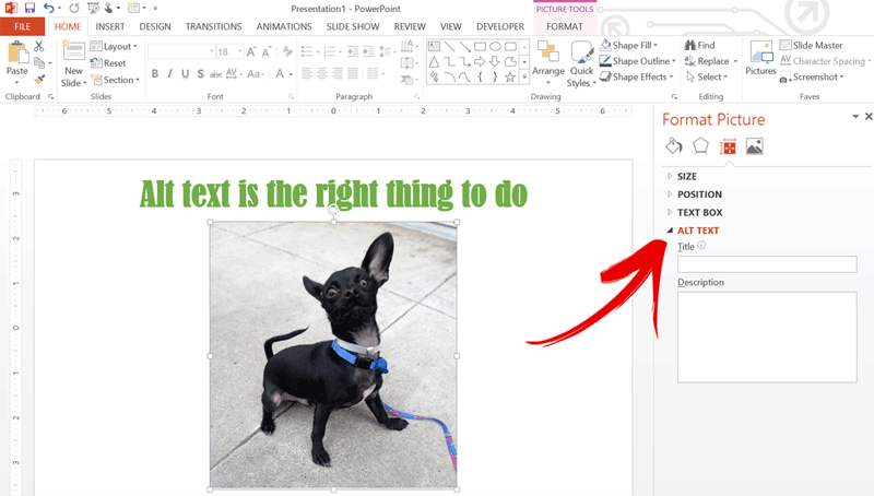 Screenshot of where to assign alt text to an image in PowerPoint