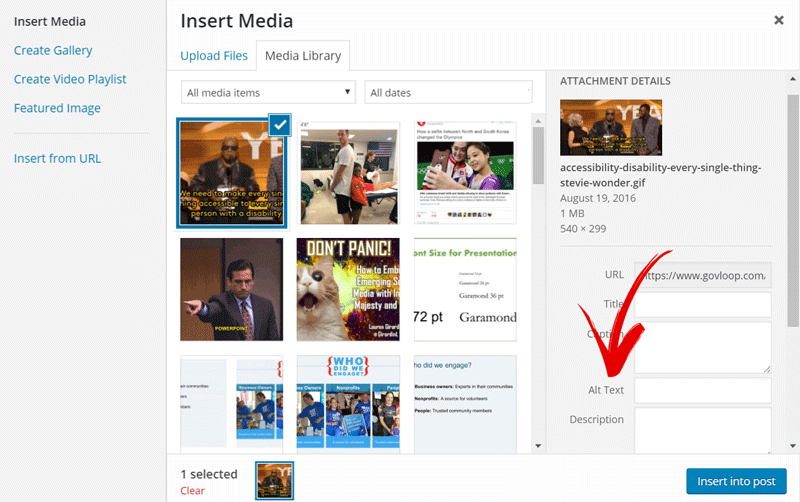 Screenshot of where to add alt text in the WordPress media uploader