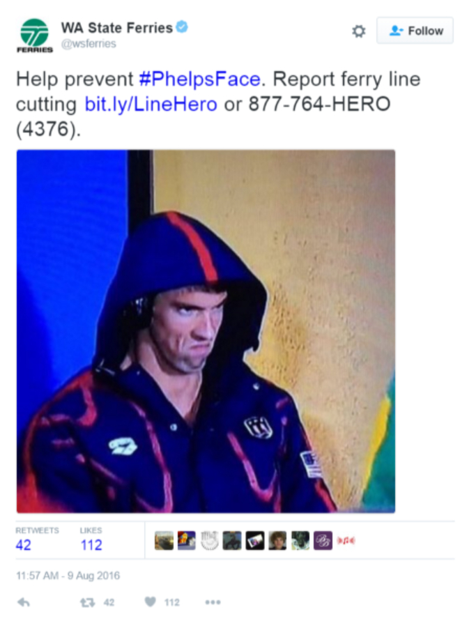 screenshot of a tweet by Washington State Ferries using the PhelpsFace meme