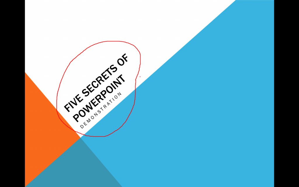 Slide with the title "Five Secrets of PowerPoint: Demonstration" displayed. Red pen has circled the title.