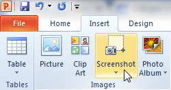 PowerPoint top menu displayed with the Insert tab selected and the cursor hovering over the Screenshot option.