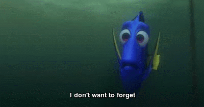 an animated scene from the movie Finding Nemo of the fish character Dory saying I don't want to forget