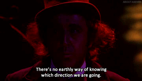 photo of Willy Wonka played by Gene Wilder saying There's no earthly way of knowing which direction we are going