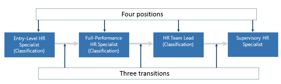 Typical career path, with four positions and three transitions