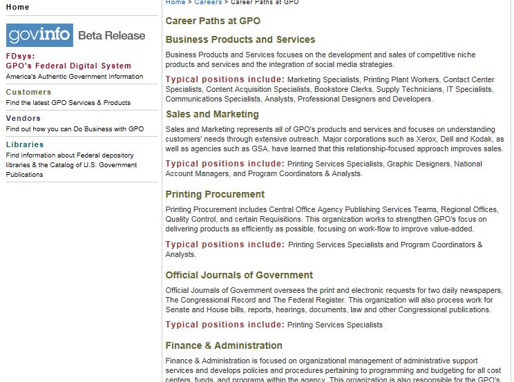 GPO Web site showing career paths