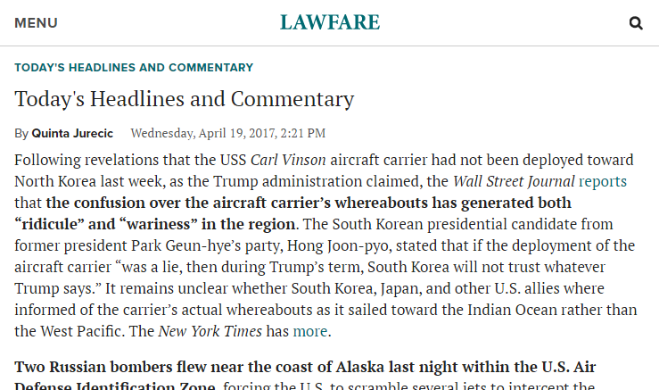 screenshot of Lawfare's Headlines and Commentary