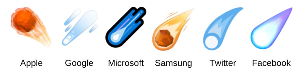 a graphic showing the comet emoji as it looks on Apple, Google, Microsoft, Samsung, Twitter, and Facebook