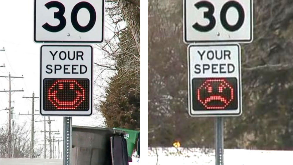 two photos of a speed limit sign, one with a happy face emoji the other with a sad face emoji shown in a digital display below the stated speed limit