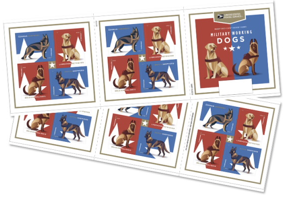 Booklets of USPS military working dog stamps.