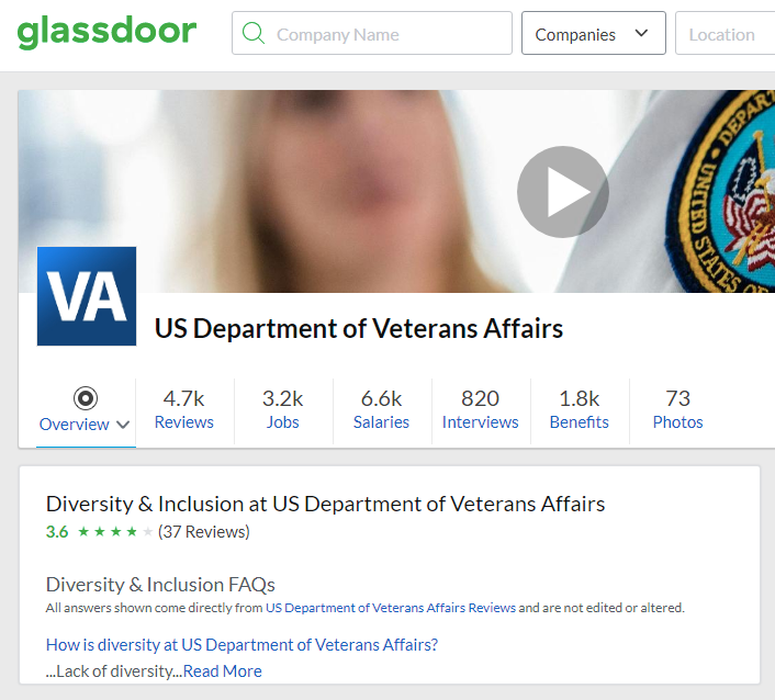 screenshot of the Glassdoor website employer profile of the US Department of Veterans Affairs showing the agency's Diversity & Inclusion ranking