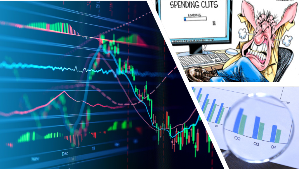 images of quarterly report, monthly   tax revenue decline shows reaction to spending cuts that can cause impending layoffs, staff reductions, or shutdowns.