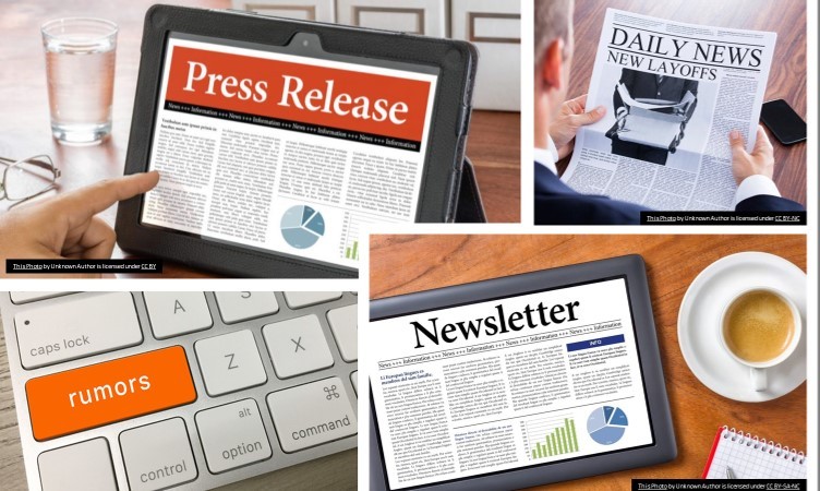 images of a press release, newsletters, and a rumor tab on a computer keyboard show how impending layoffs a/o shutdowns may be learned.