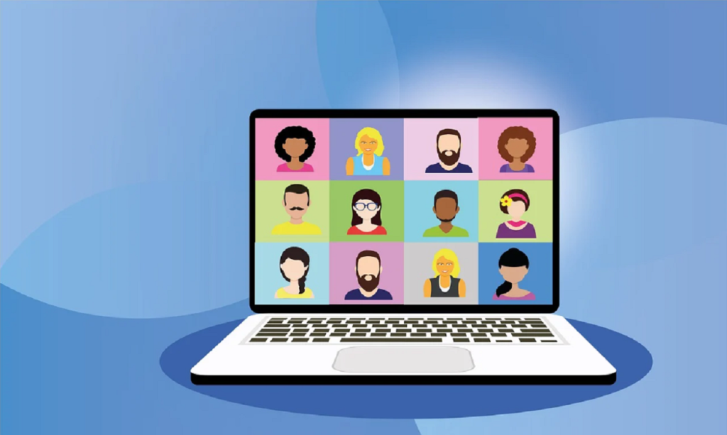 Laptop screen with people experiencing online learning.