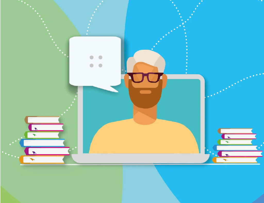 Illustration of a talking man on a computer screen.