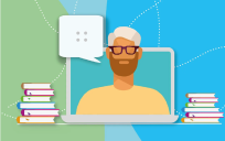 Illustration of a talking man on a computer screen.