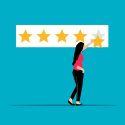 Illustrated person giving 5-star review.