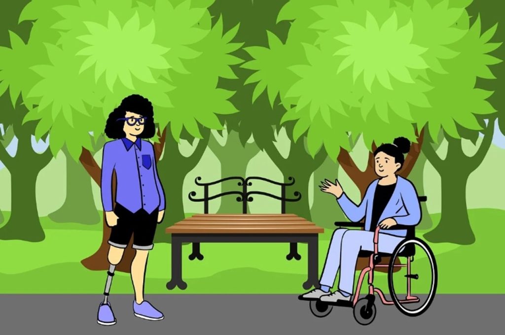 Two friends chat in a park about accessibility.
