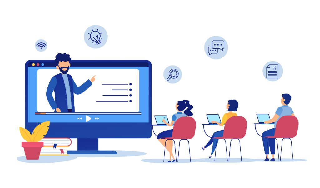 Man teaching online training course to three individuals.