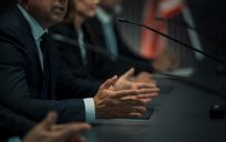 Man having discussion in front of mic