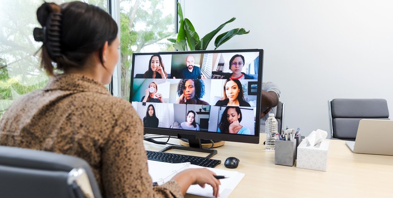 Woman at computer in online meeting.